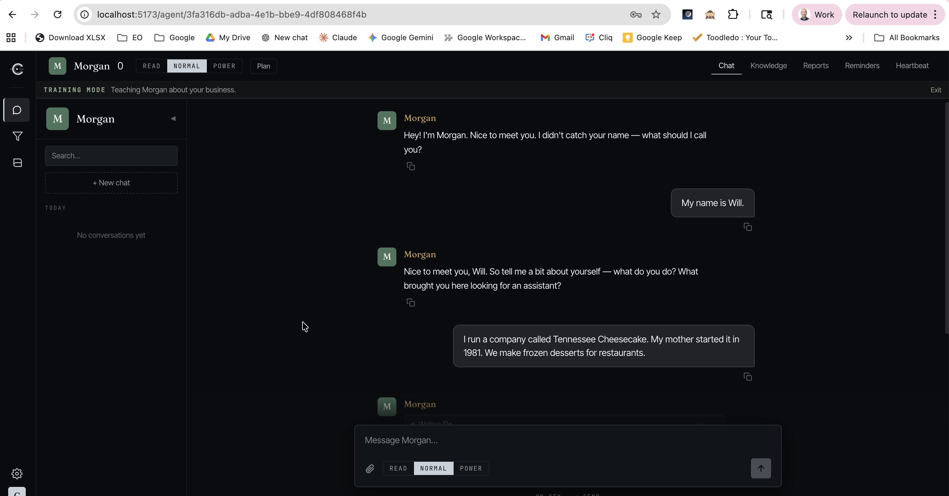 Training mode — your agent learns about you through conversation