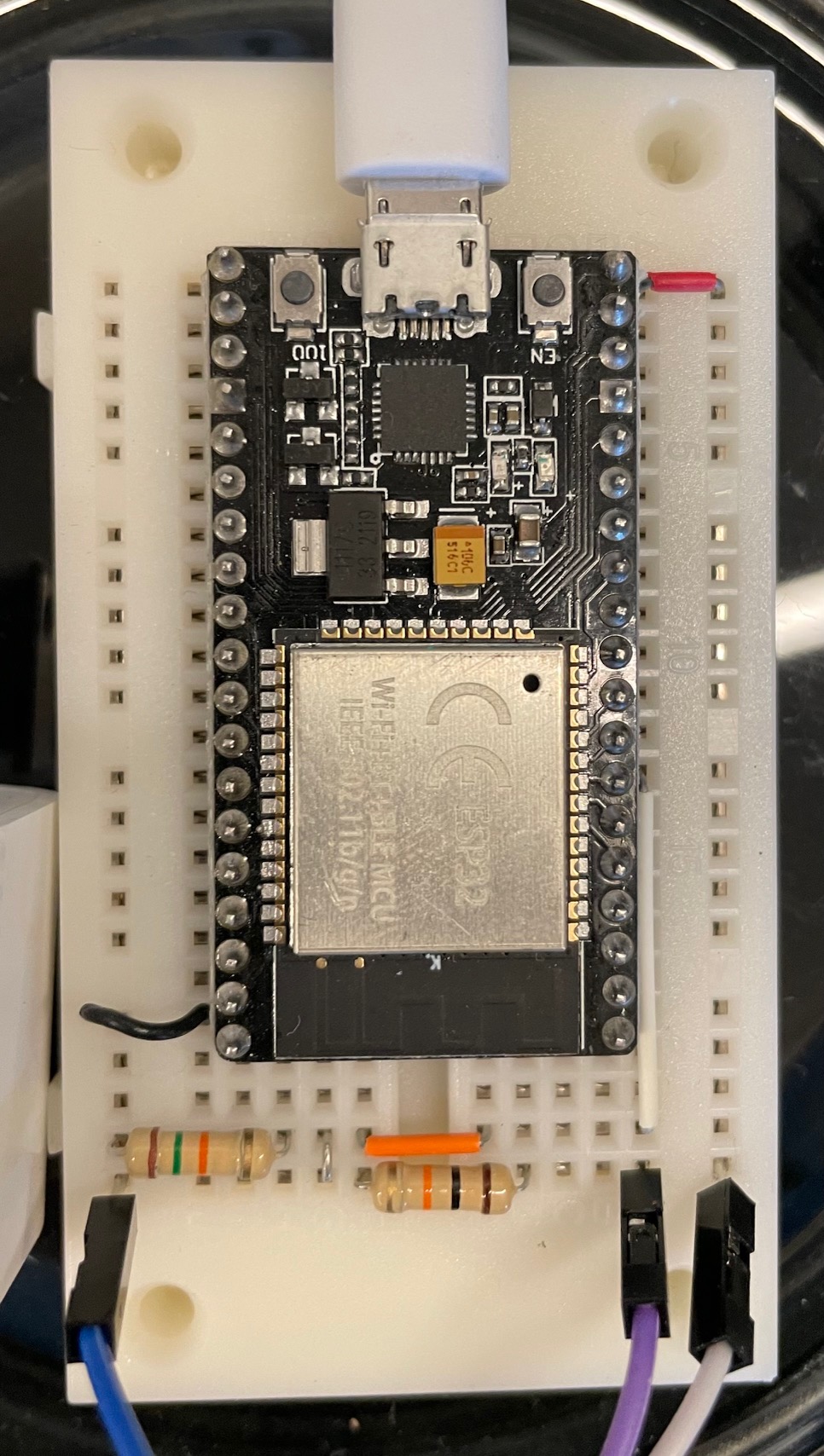 Picture of a breadboard with wires attached