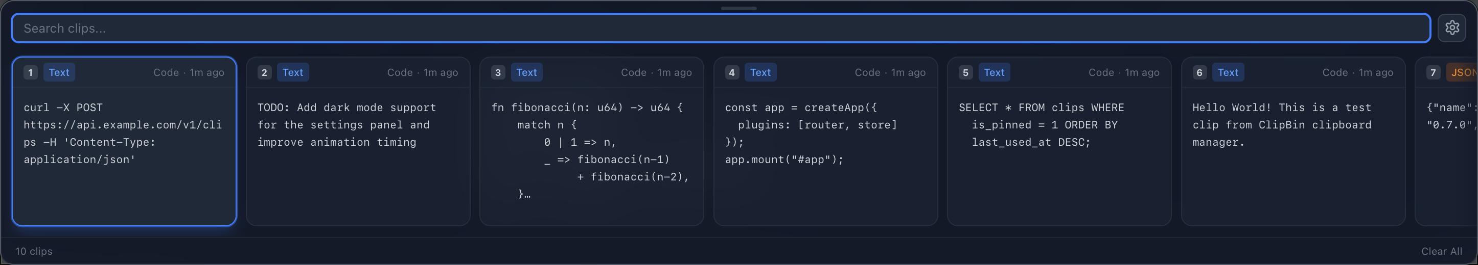ClipBin clipboard panel