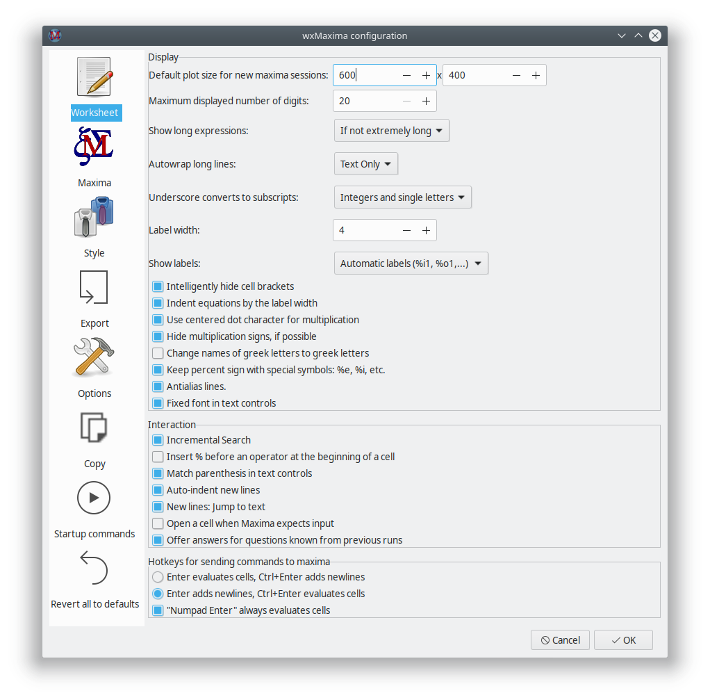 wxMaxima configuration window (Worksheet)