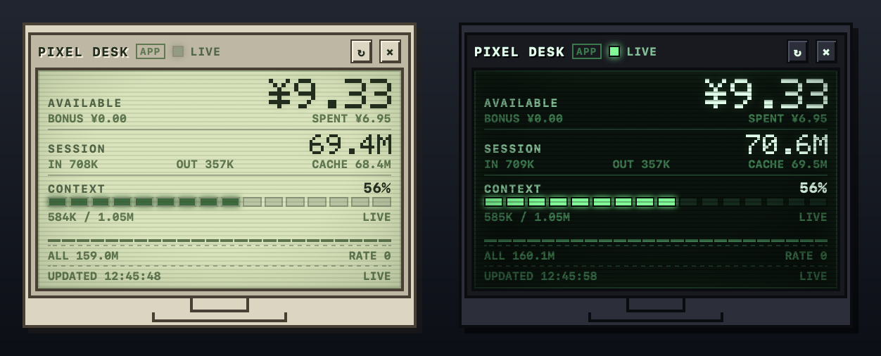 Pixel Usage Desk — light and dark