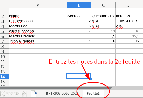 alt "Entrez les notes dans la 2e feuille."