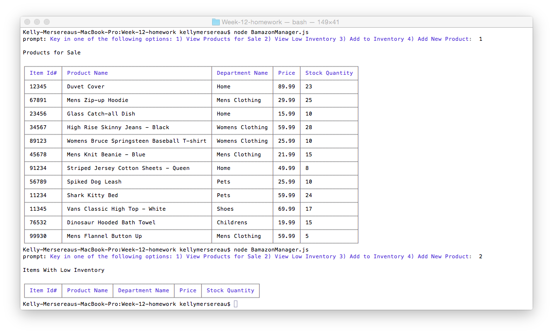 Bamazon Manager Portal - Options 1 & 2