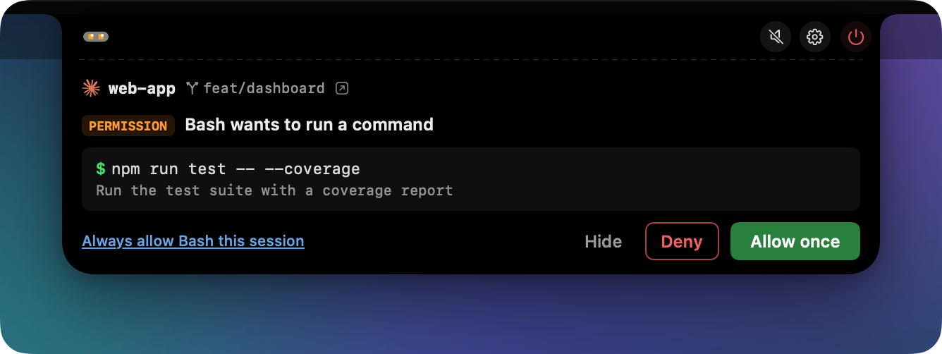 Approval card: allow or deny a Bash command from the notch