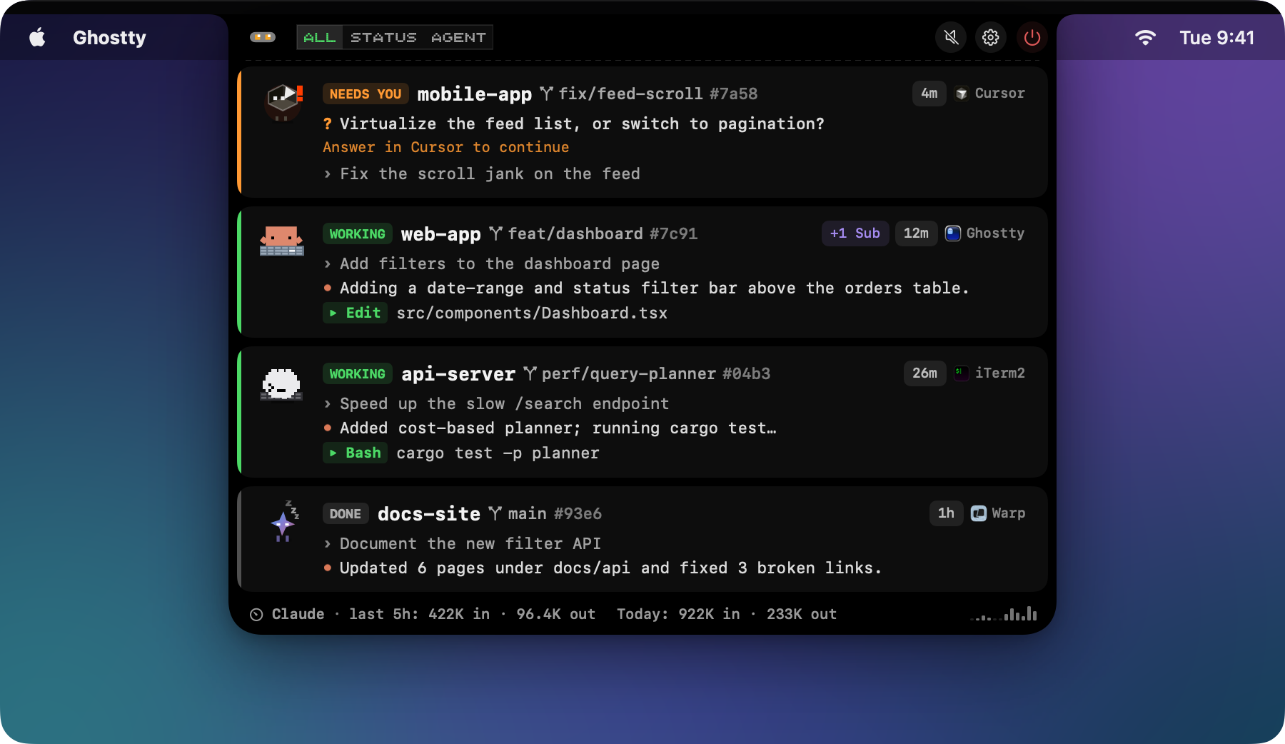 CodeIsland expanded from the MacBook notch, showing Claude Code, Codex, Cursor and Gemini CLI sessions