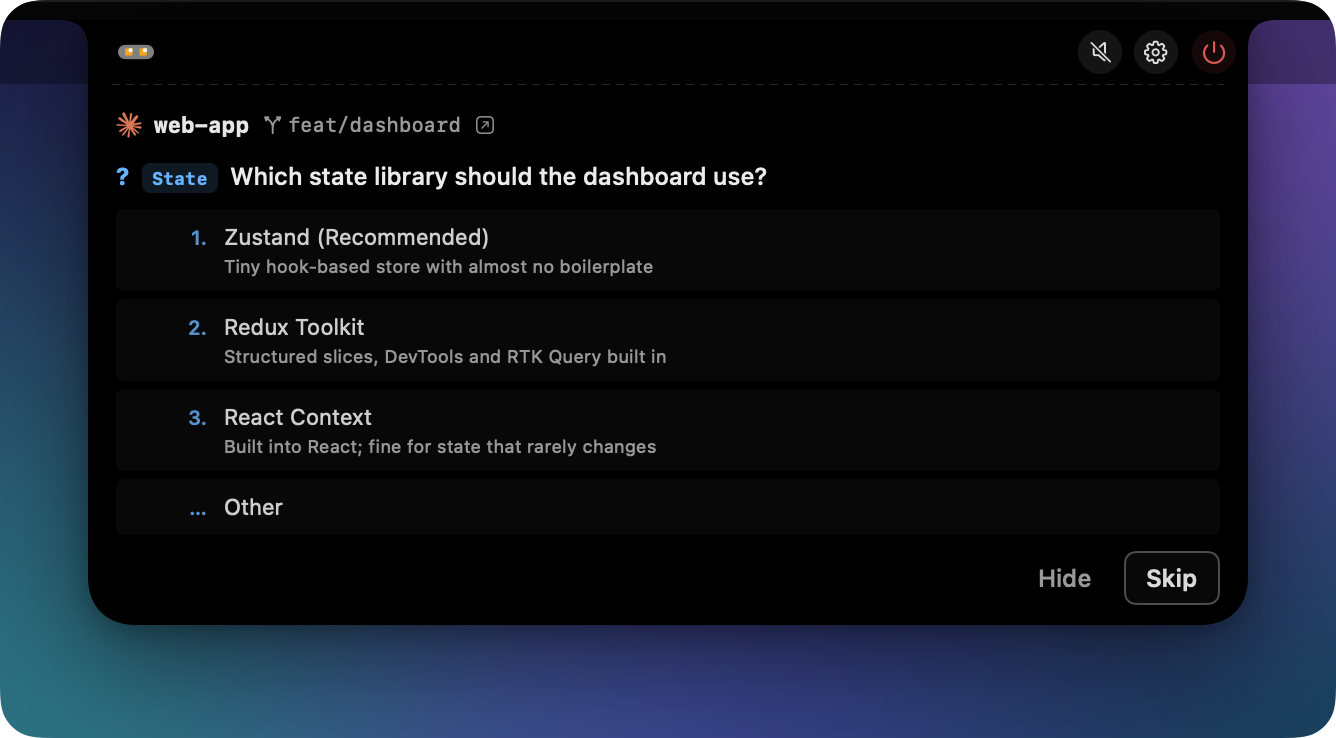 Question card: pick an answer to the agent's question from the notch