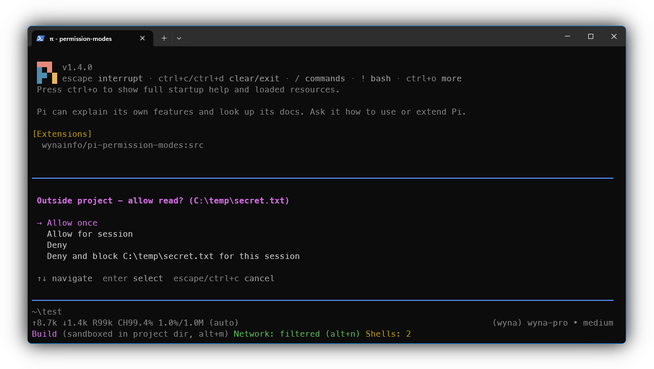pi in Build mode asking before a read outside the project: Allow once, Allow for session, Deny, Deny and block; the footer shows the sandboxed mode, the filtered network and two background shells
