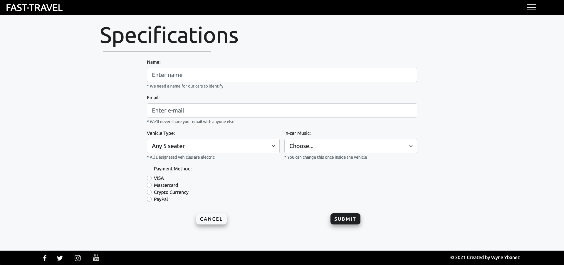 Screenshot of Specification Form