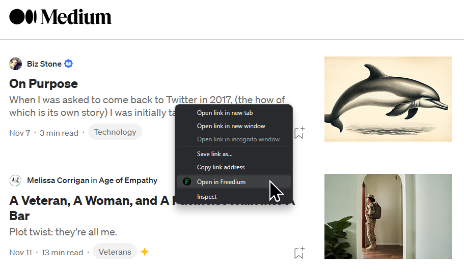 Screenshot showing "Open in Freedium" in context menu
