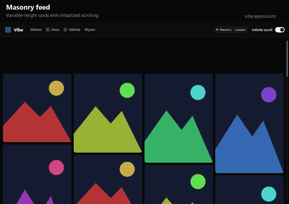 Vibe demo: scroll a masonry feed, open a card in the reel, and press Escape to return to the same scroll position.