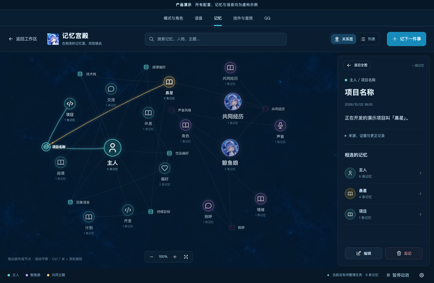 记忆关系图：虚构人物、项目和偏好之间的关系