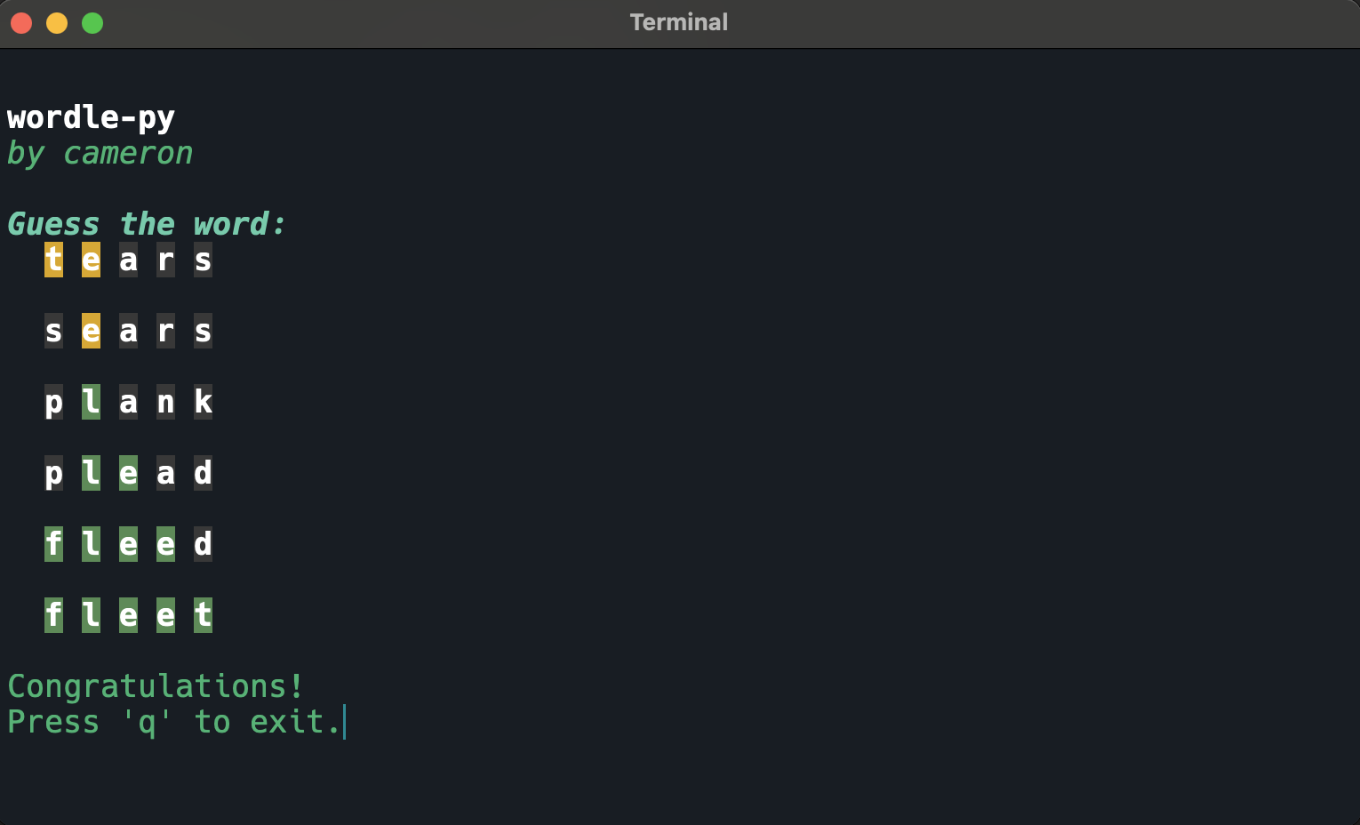 Screenshot of my terminal displaying an attempt to solve the wordle