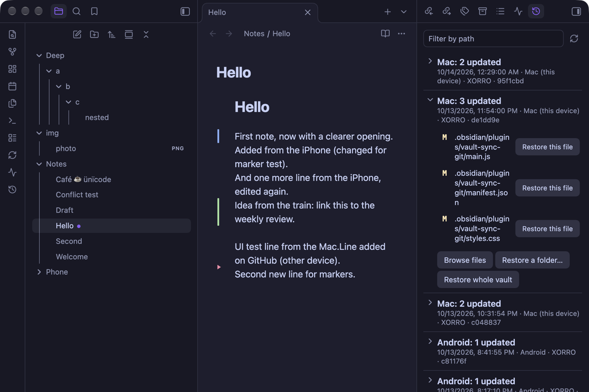 Lines changed since the last sync marked in the editor, next to the sync history sidebar