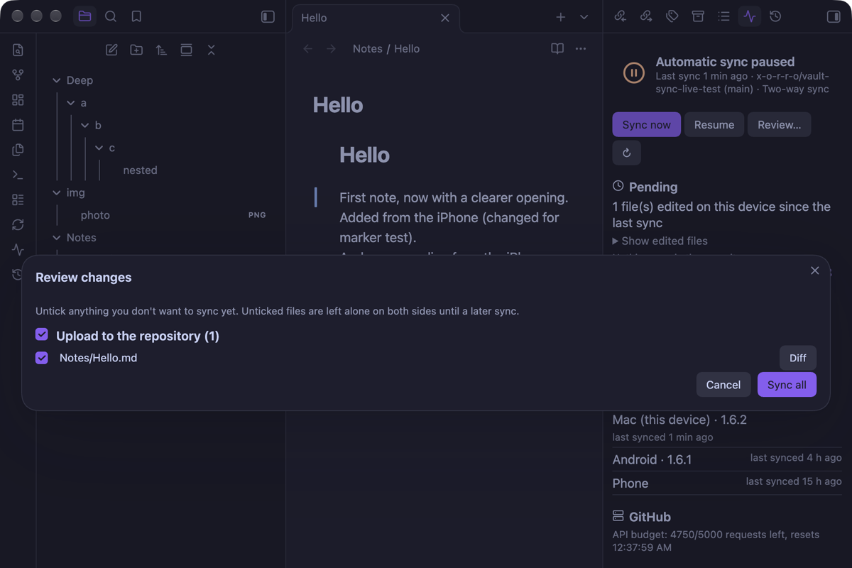 Review changes before a sync, with checkboxes and a Diff button