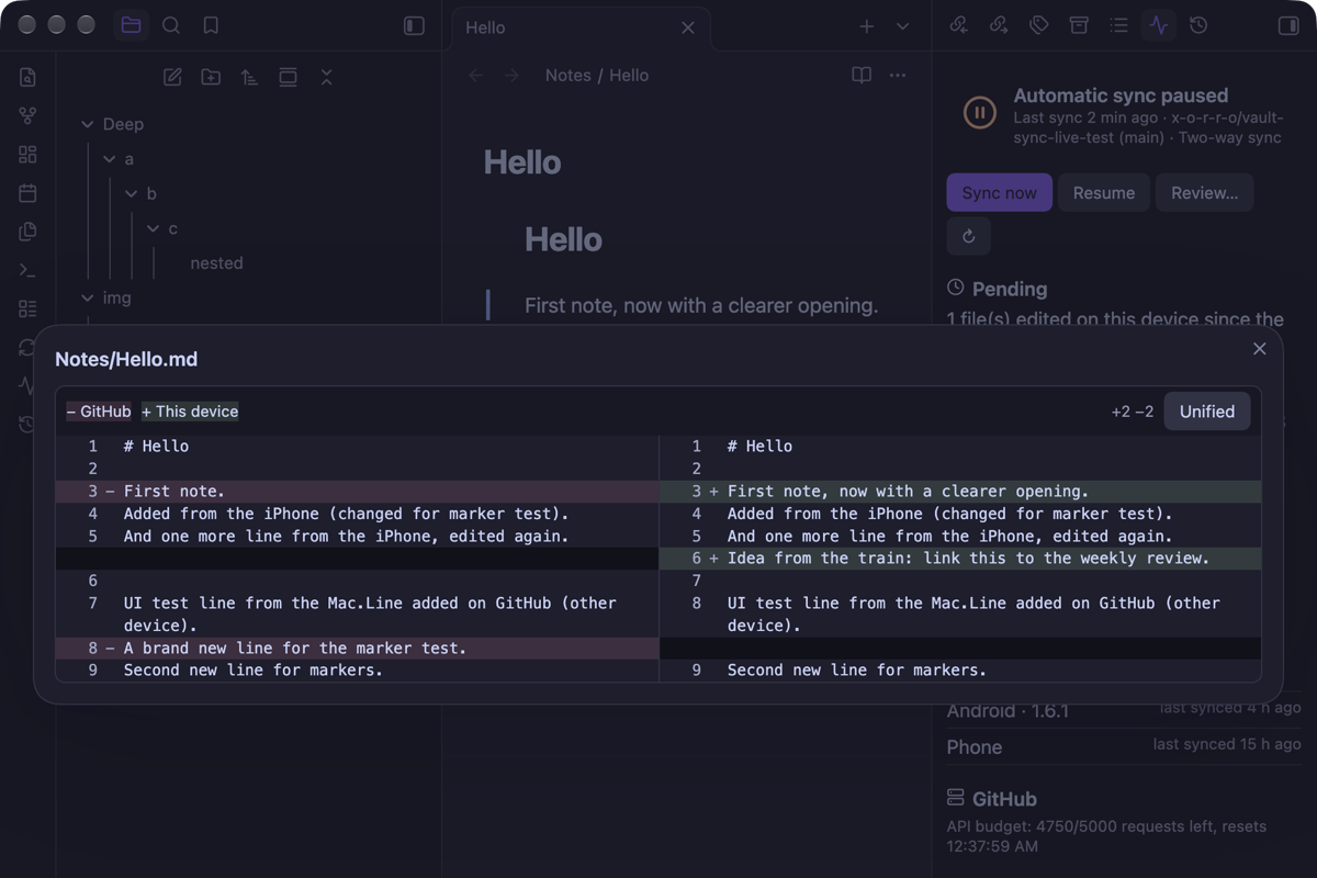 Side-by-side diff between GitHub and this device