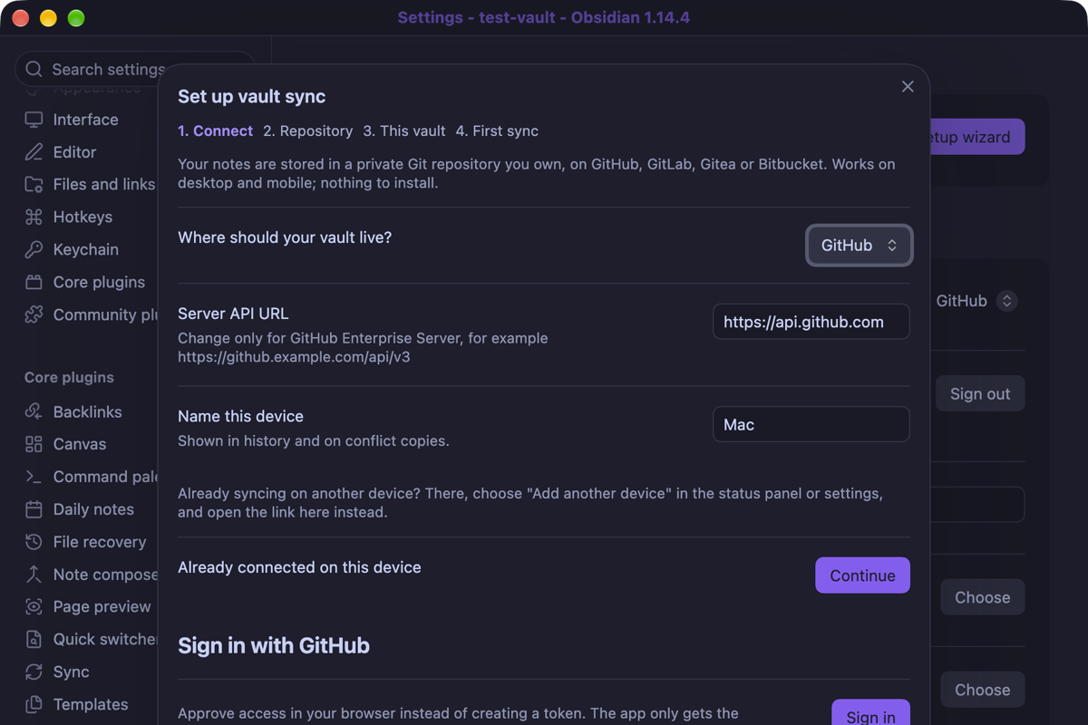 Setup wizard: choose the host, name the device and sign in