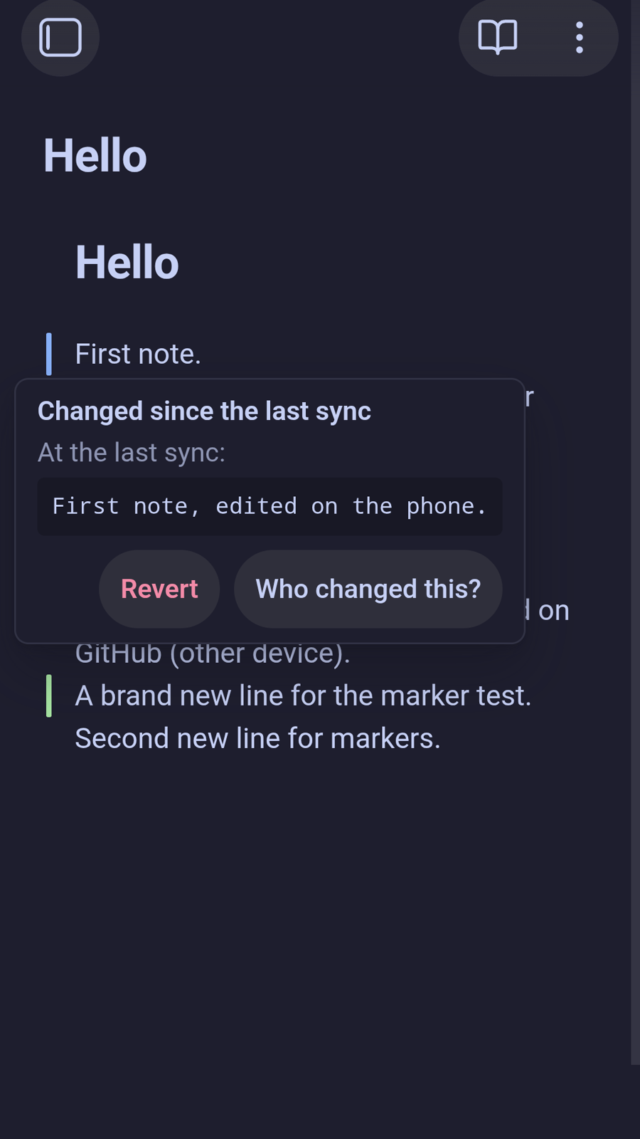 Lines changed since the last sync marked in the editor, with the old text, Revert and Who changed this?