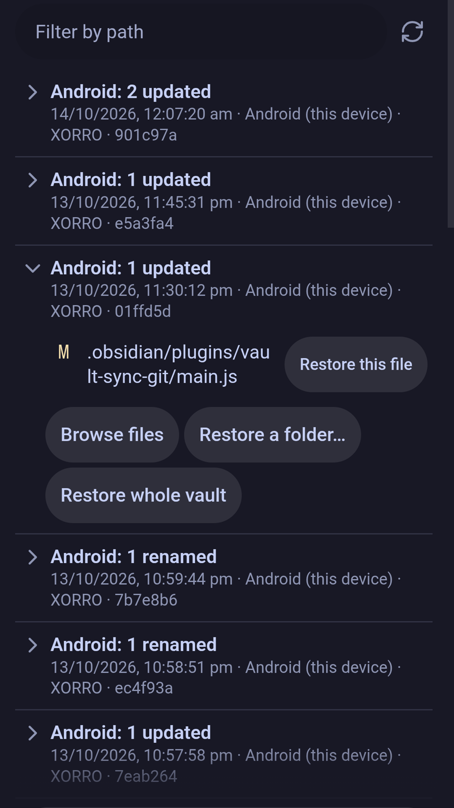 Sync history sidebar with a sync expanded to its changed files and restore buttons
