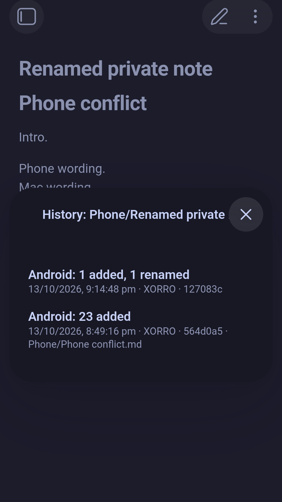 Version history of a renamed note, including the version under its old name