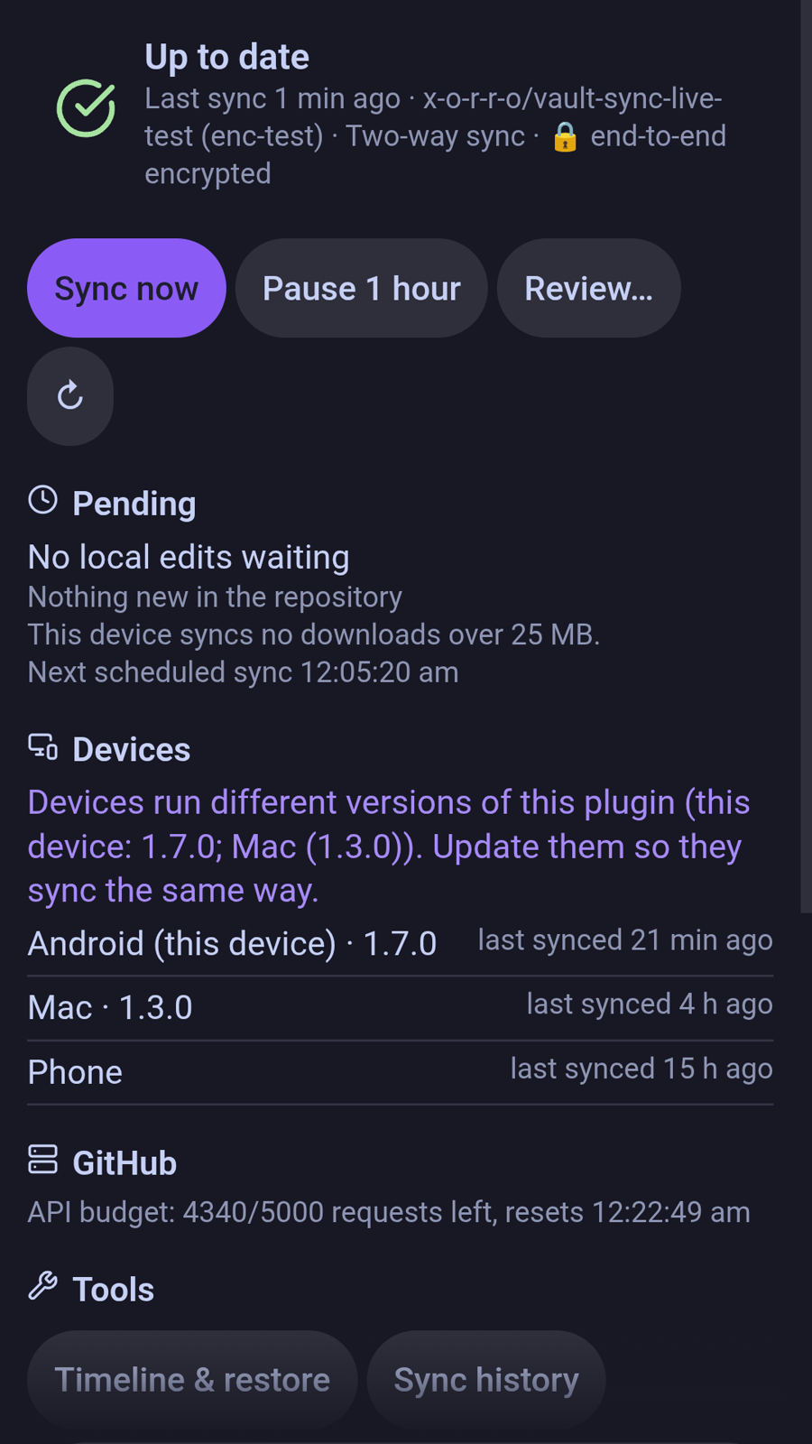 Status panel: up to date, encrypted, pending changes, devices and tools