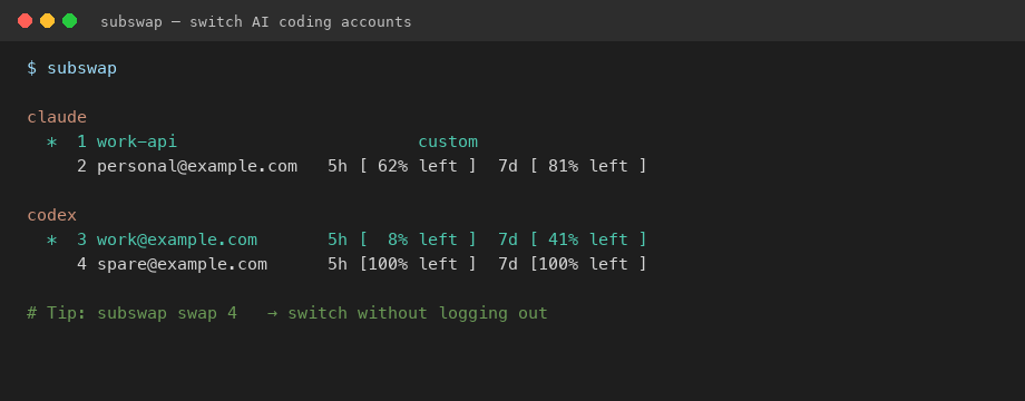 Sample terminal demo: list accounts, then subswap swap to another Codex login without logging out