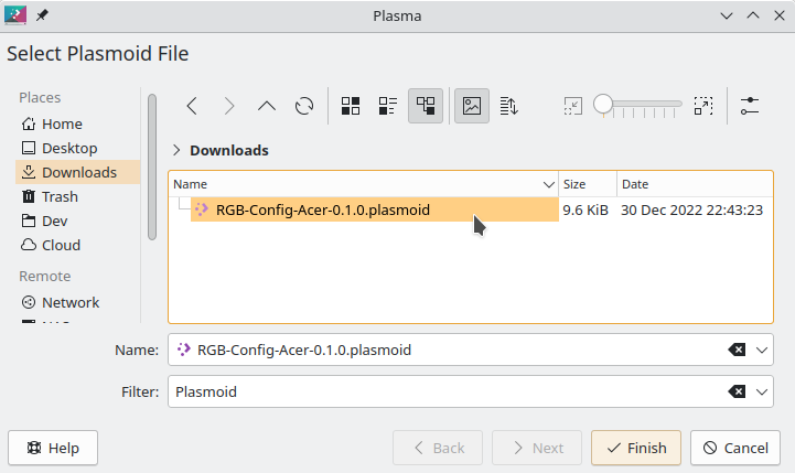 Install select plasmoid file