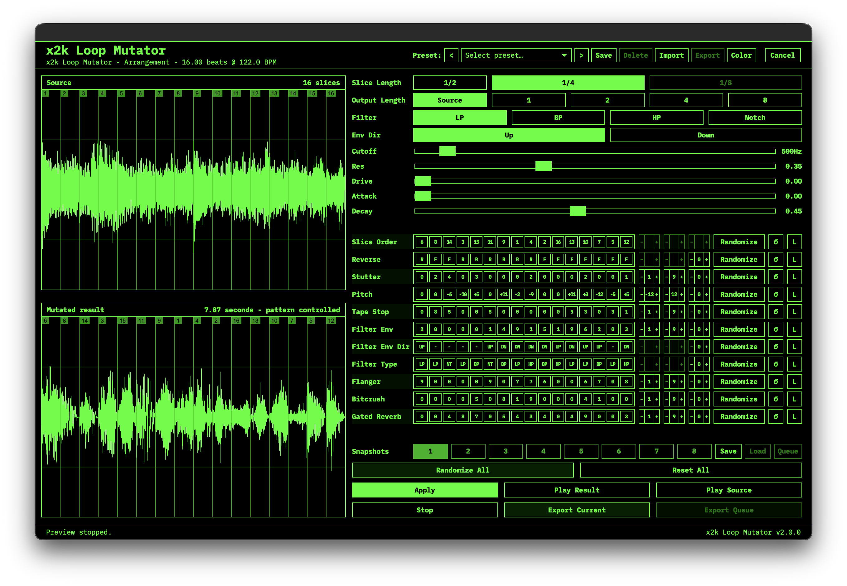 x2k Loop Mutator editor with source and mutated waveforms, pattern lanes, filter controls, and snapshots