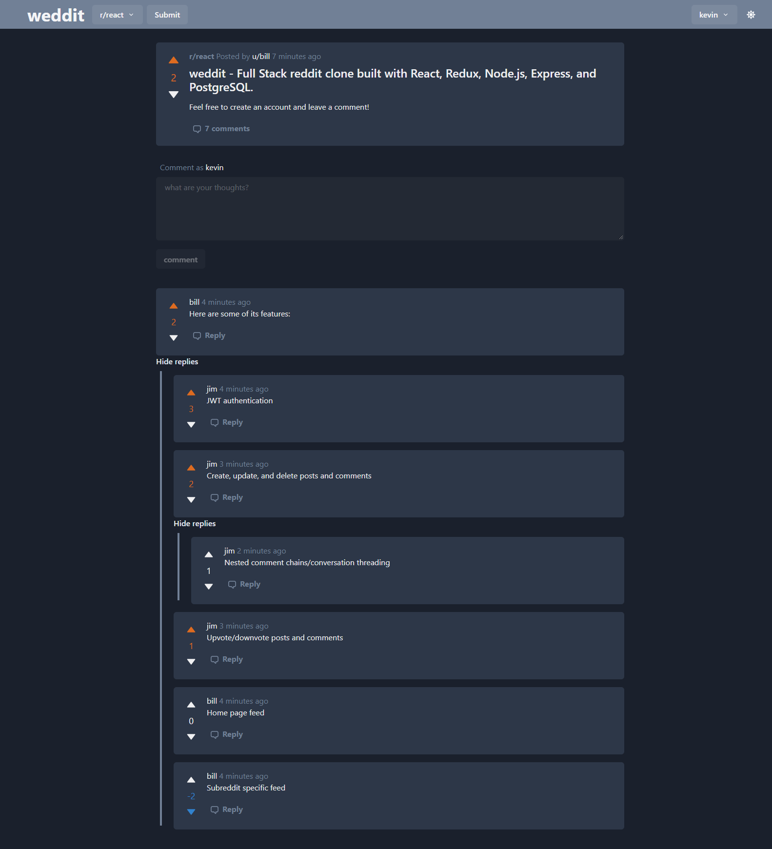 Comments page for a post