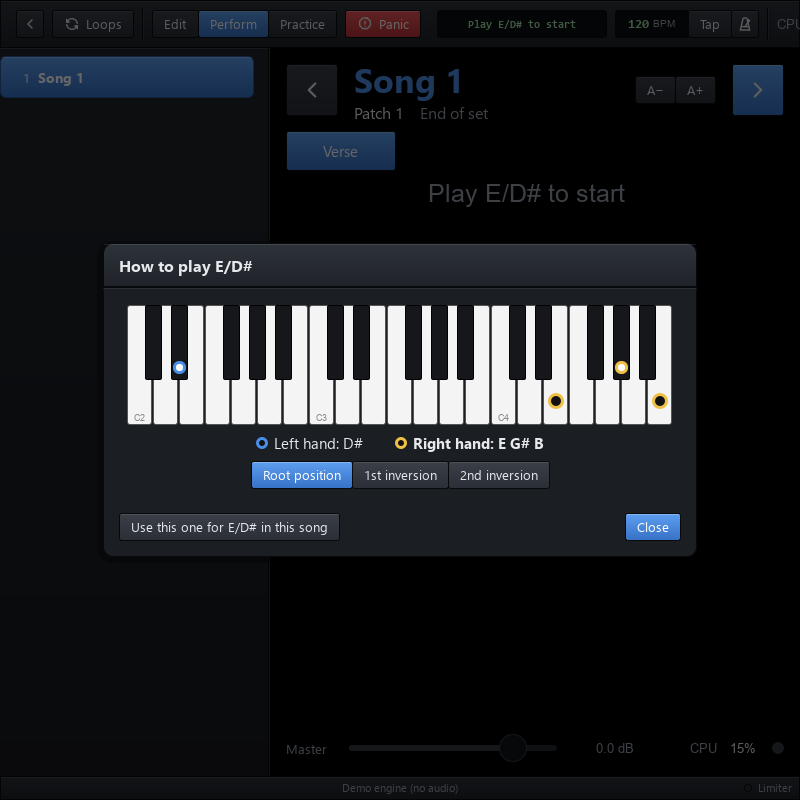 How to play a chord: E/D# with a dot on each key to press