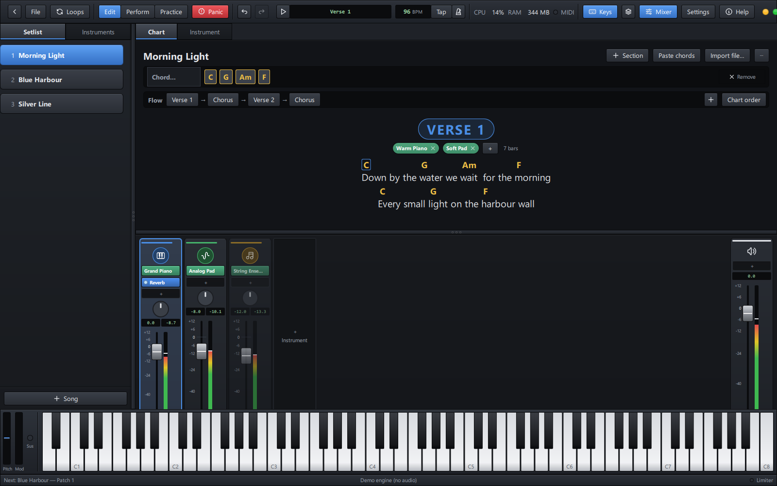Edit mode: a song's chart with its flow and sections, and the keyboard