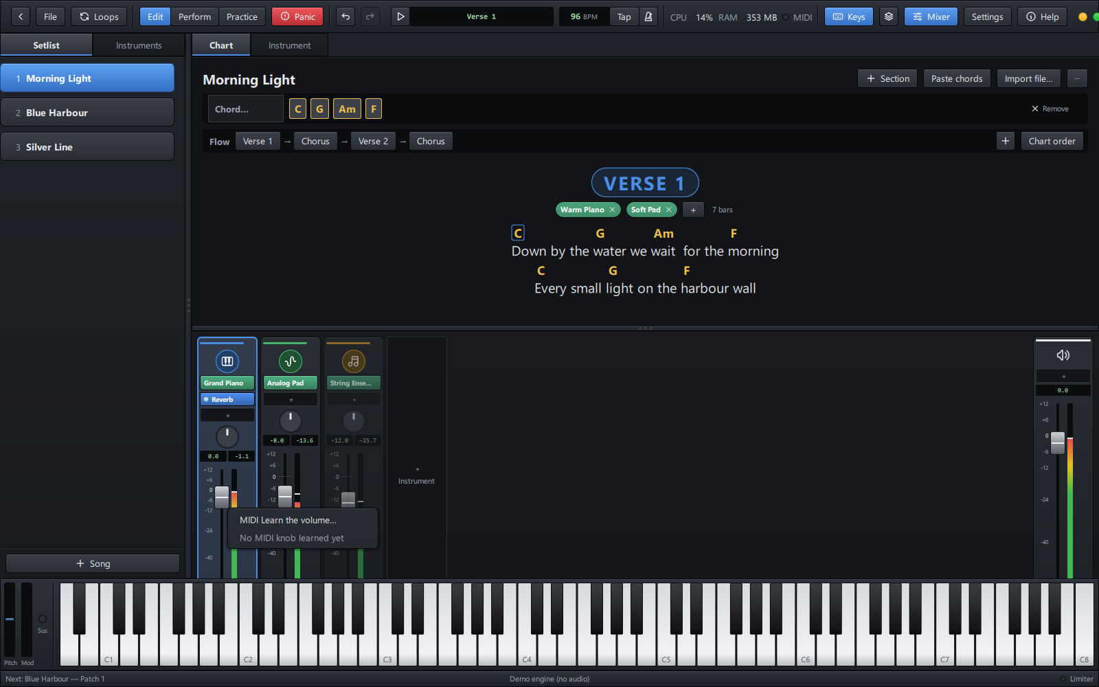 Right-click a fader: MIDI Learn the volume
