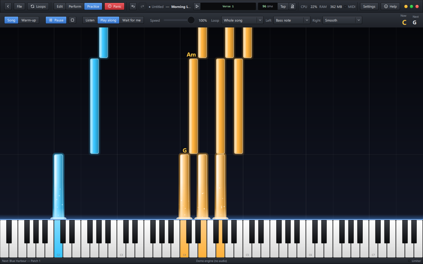Practice mode: the chords falling onto a keyboard