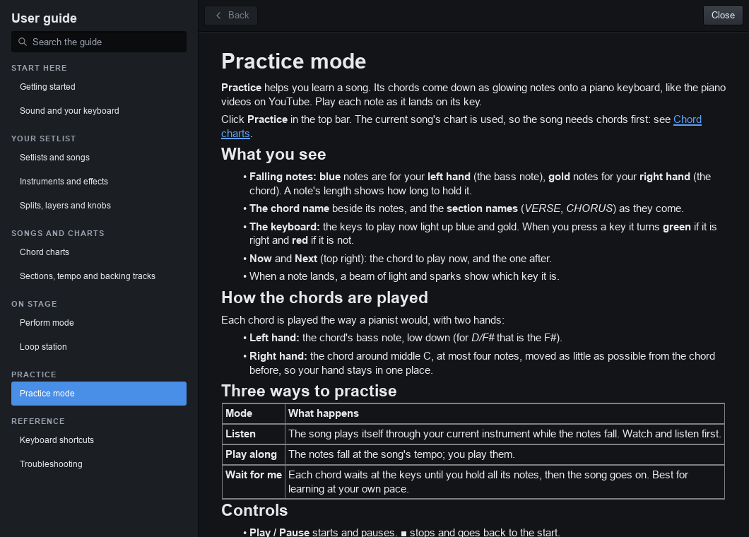 The user guide inside the app