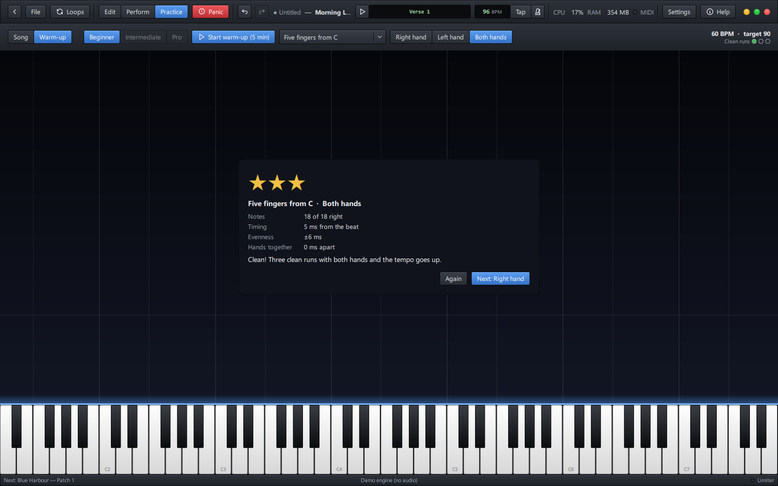 A warm-up run's score: three stars, every note right, 5 ms from the beat