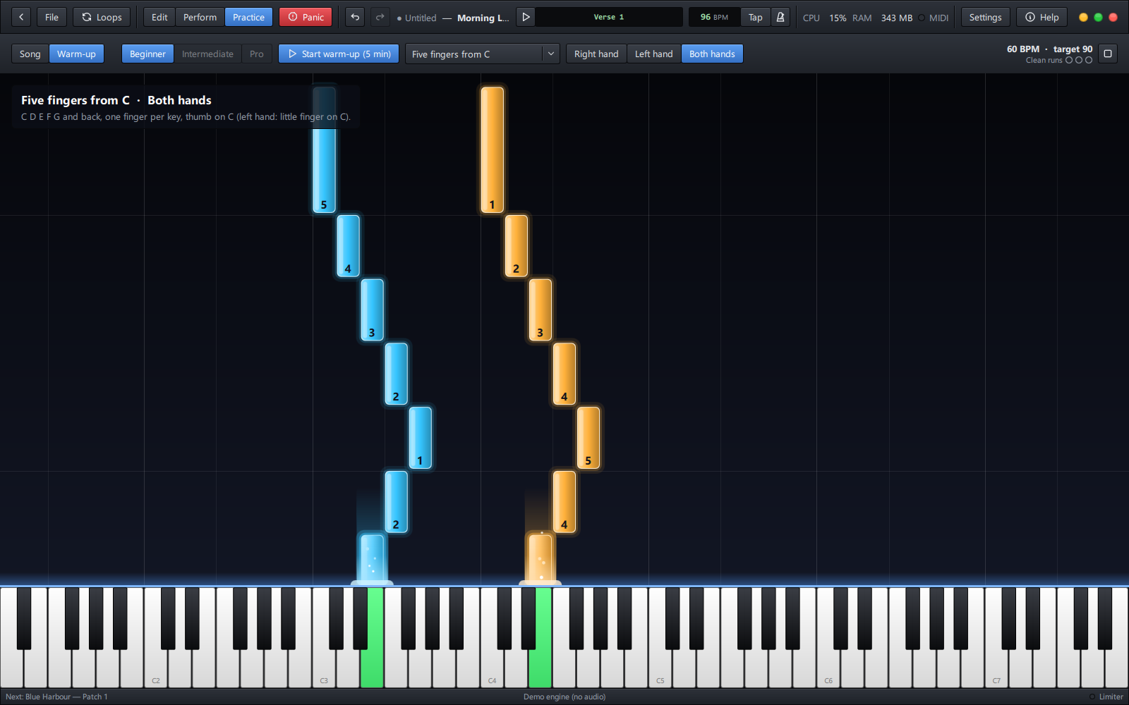 A warm-up: five fingers from C with both hands, the finger to use on each falling note