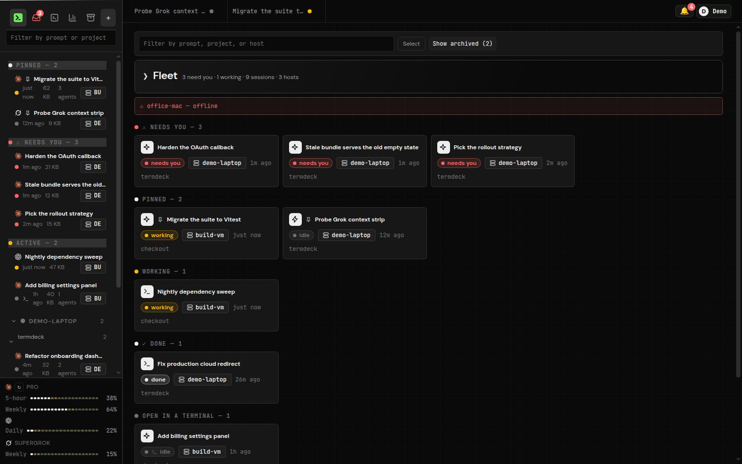 Termdeck fleet board — Claude Code and Codex CLI sessions across three machines