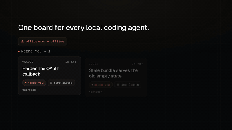 Termdeck in use — the fleet board, a tool permission approved from a phone, and Claude Code, Codex CLI and Grok running in parallel