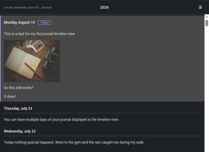 Journal Timeline panel open in Joplin