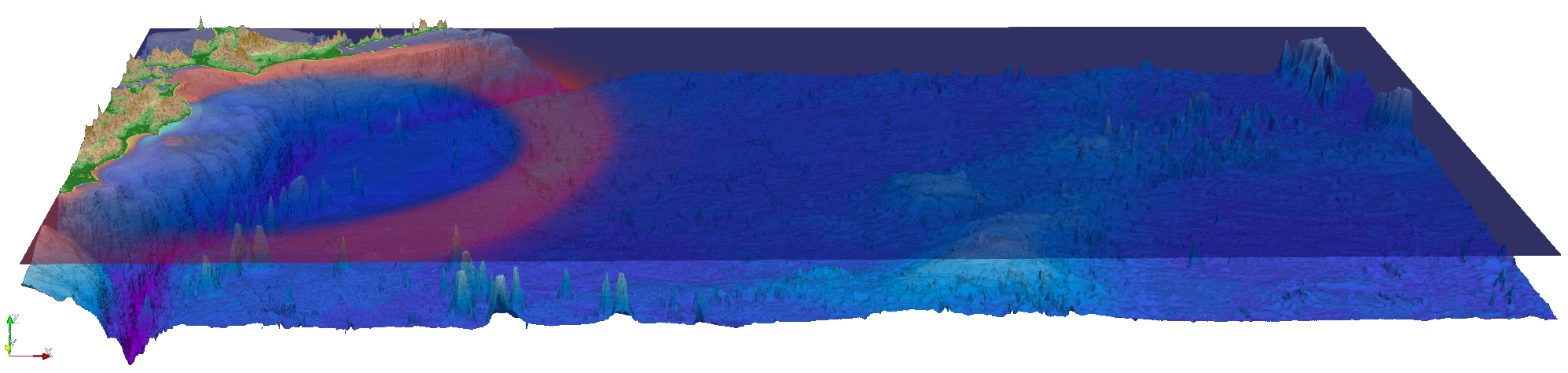 Visualization of an OpenMP-parallelized tsunami simulation of the March 11, 2011 M 9.1 Tohoku event.