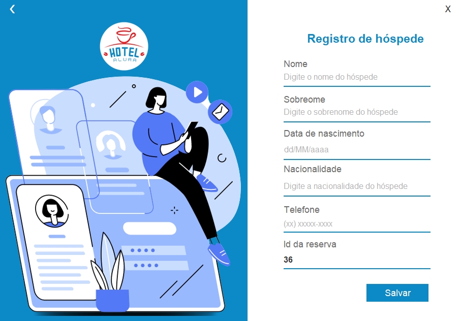 Tela de registro com 6 campos para input do usuário e botão concluído