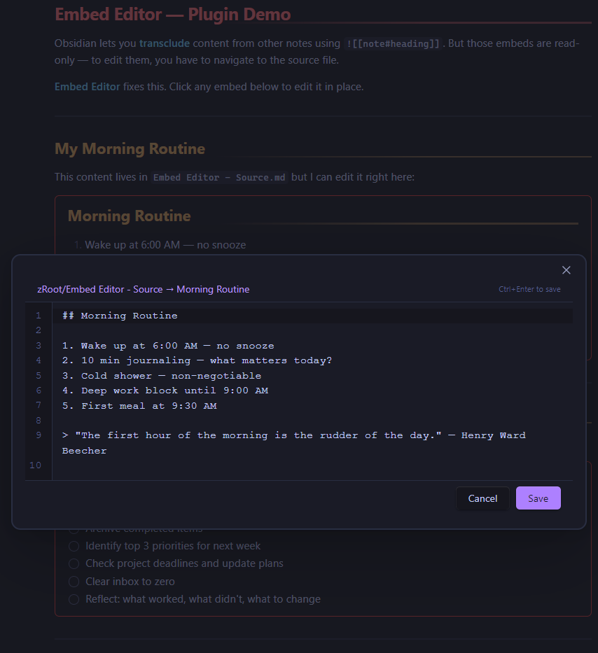 Floating editor panel with line numbers and save/cancel