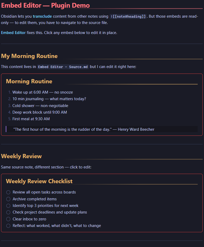 Embeds rendered inline with red synced-block borders