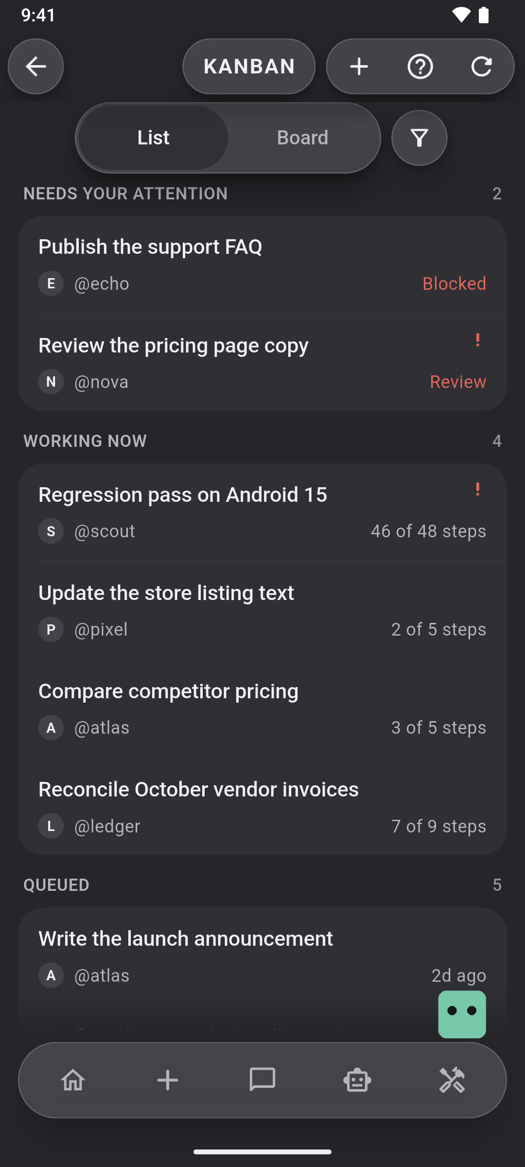 The Tasks list