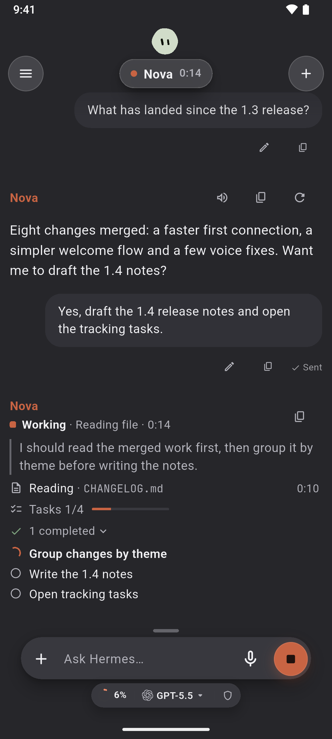 A chat while Hermes works, with its thinking, tools and tasks in the conversation