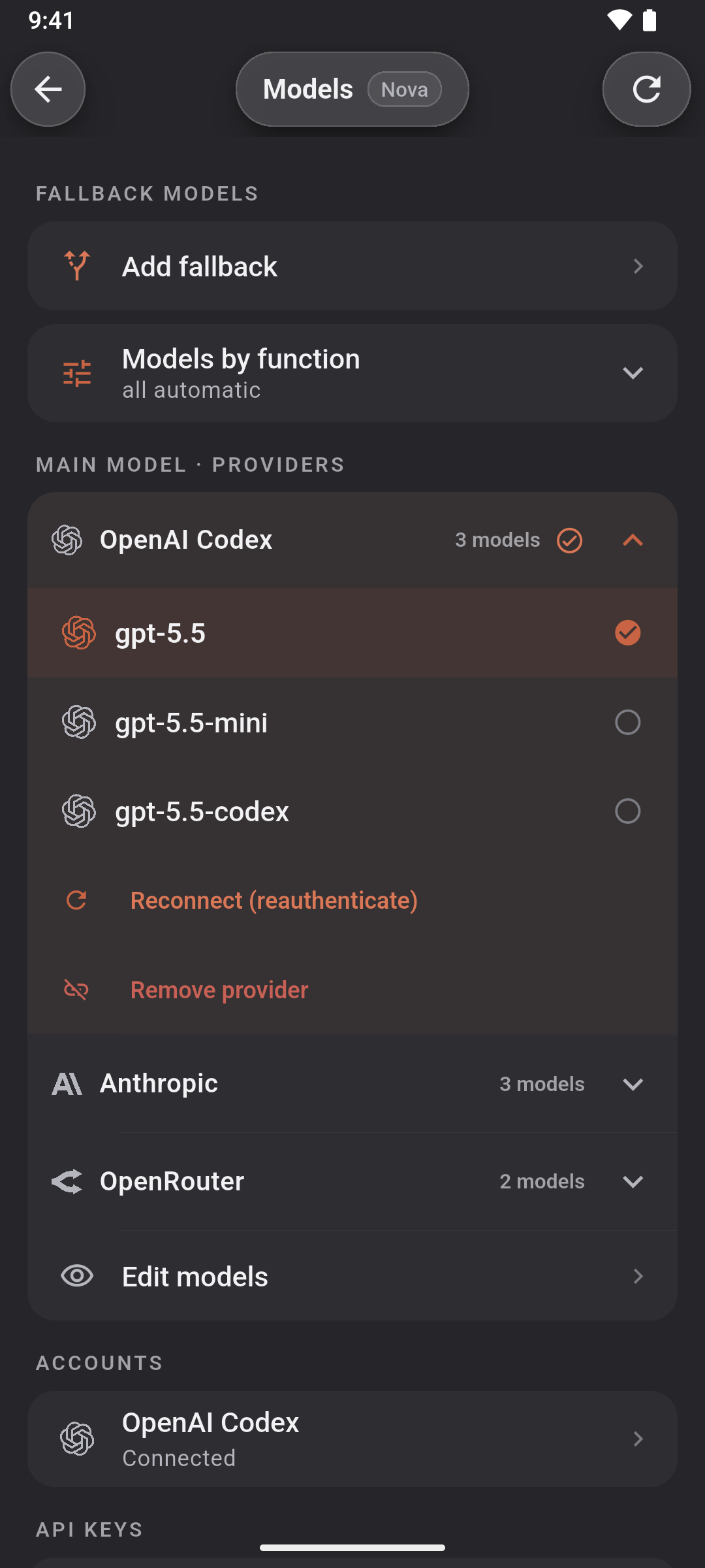 The Models screen