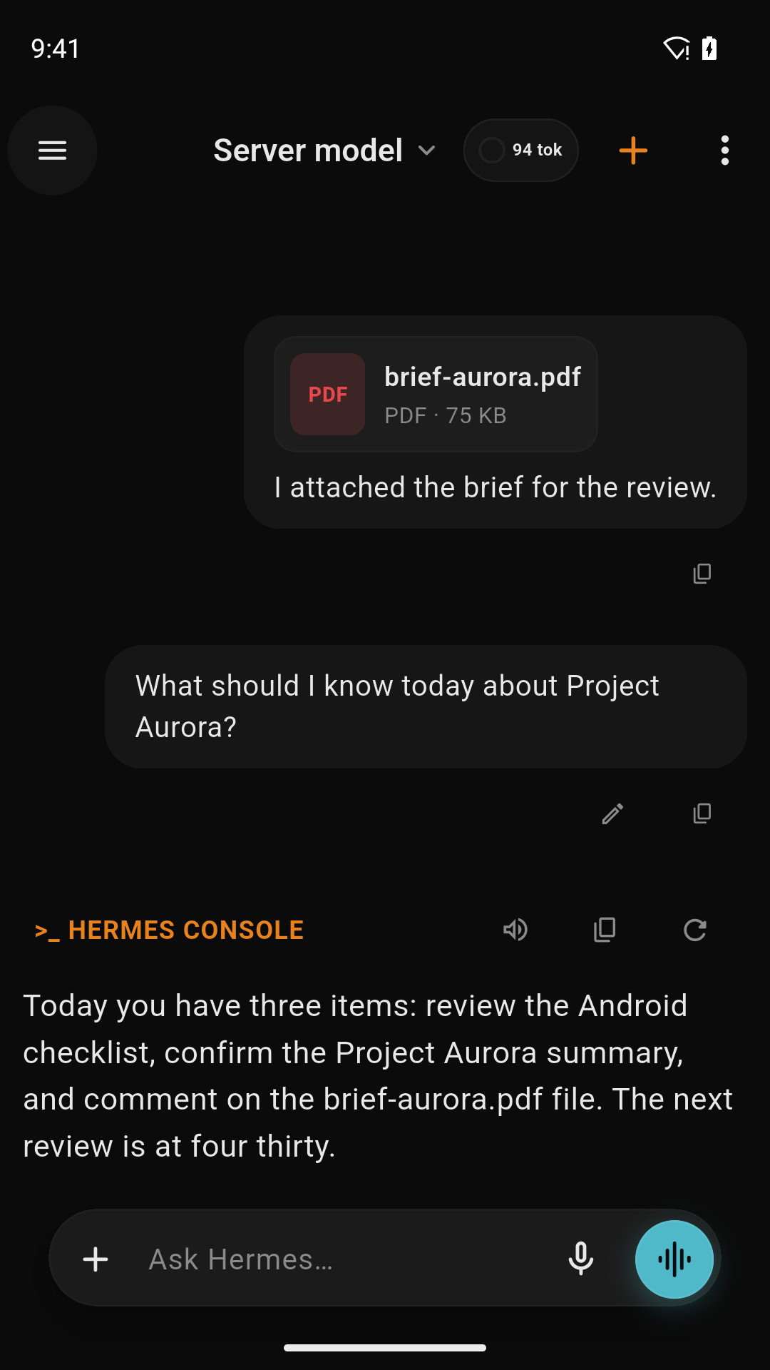 Hermes Console conversation with fictional Project Aurora data