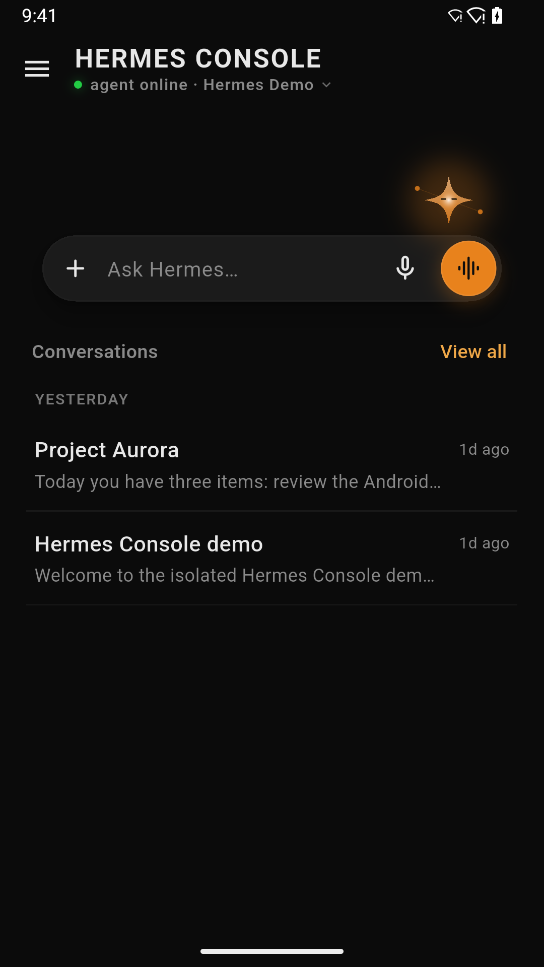 Hermes Console home screen with fictional Project Aurora data