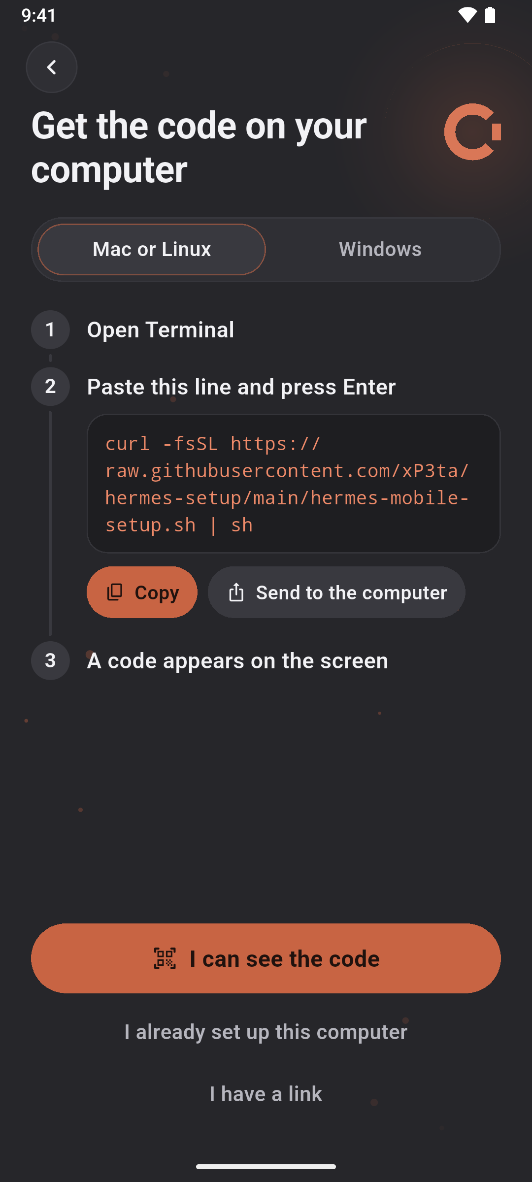 The first-run screen scanning a setup code