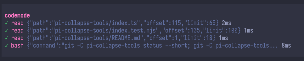 Codemode after: compact tool rows with arguments and timings