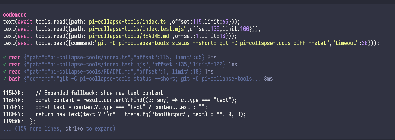 Codemode before: script and output visible